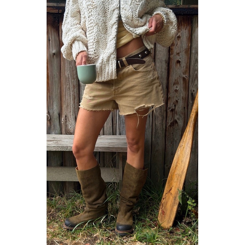 We The Free Now or Never Cut Off Distressed Denim Shorts Tan Khaki NWOT
